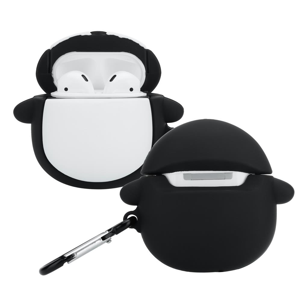Ein Panda-förmiges Etui für Kopfhörer, das offen und geschlossen ist.