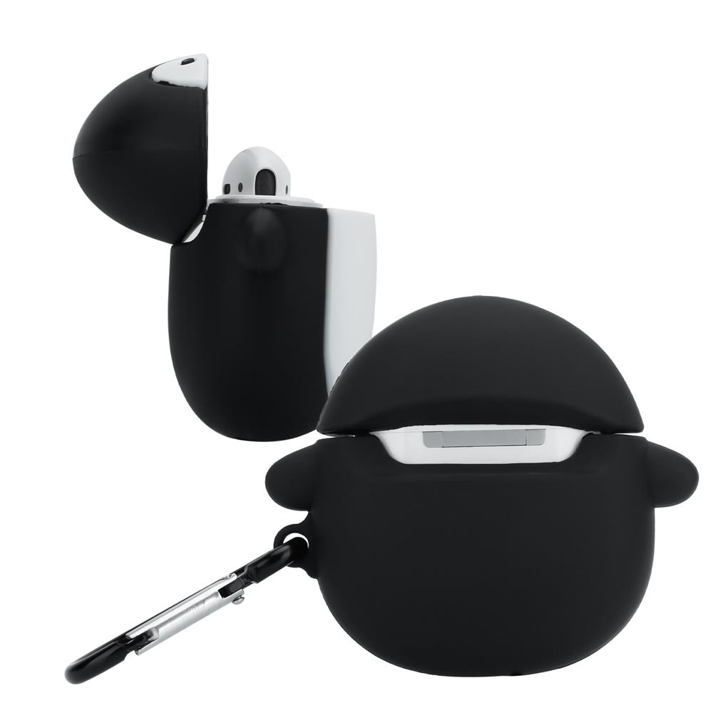 Zwei schwarze AirPods-Hüllen, eine offen mit weißem Innenleben, eine geschlossen mit Clip.