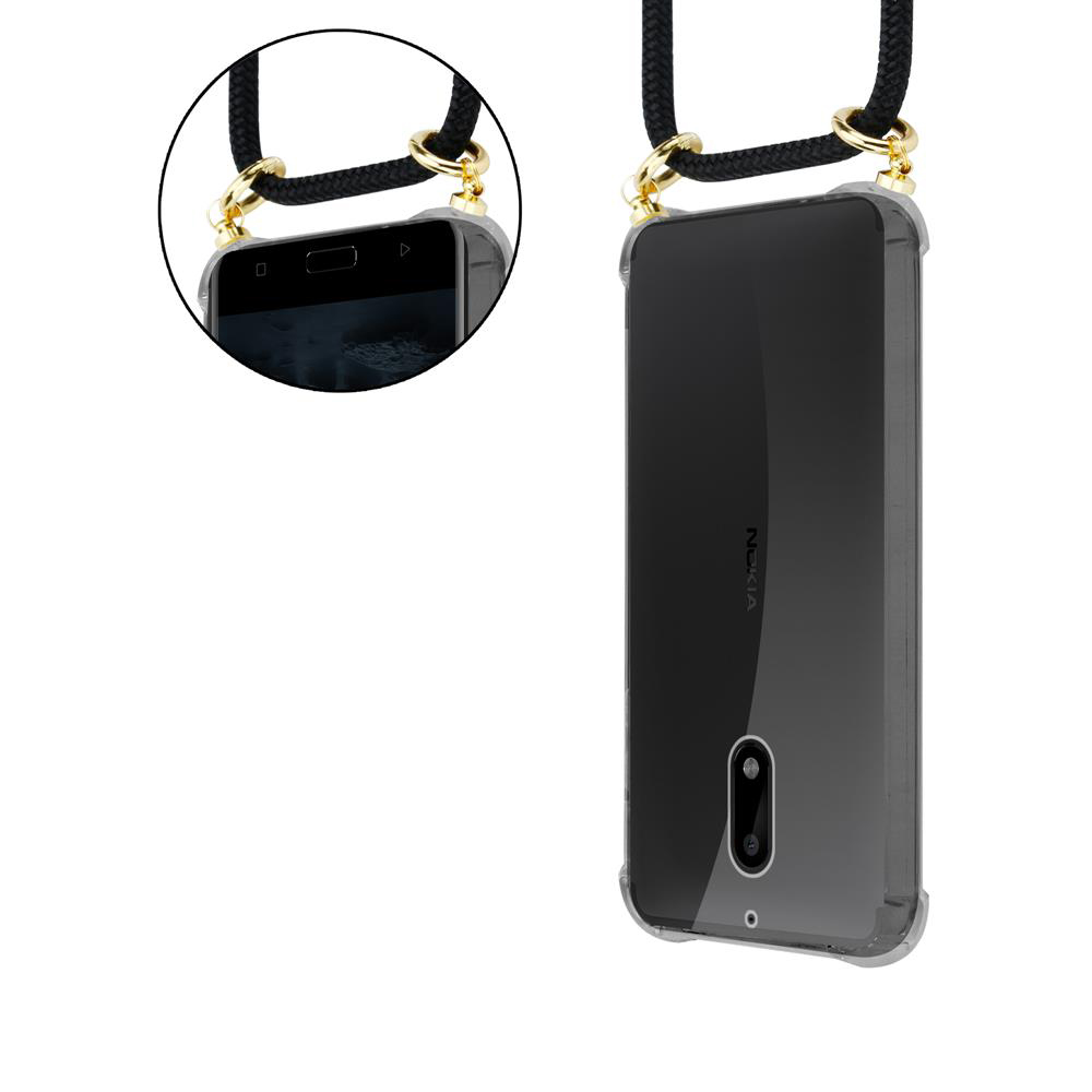 Transparente Handyhülle mit schwarzem Band und goldener Hardware.