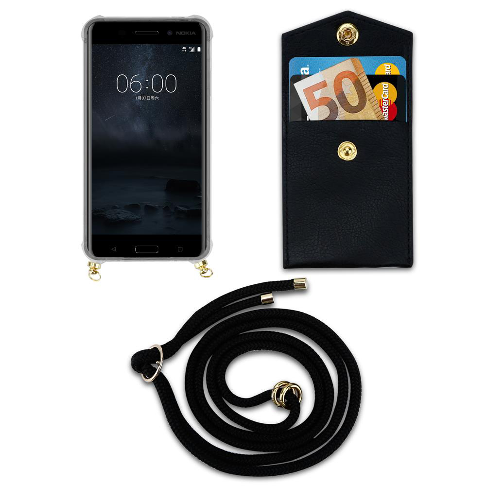 Schwarzes Handy mit Hülle, Portemonnaie mit Karten und Geld, schwarze Kordel.