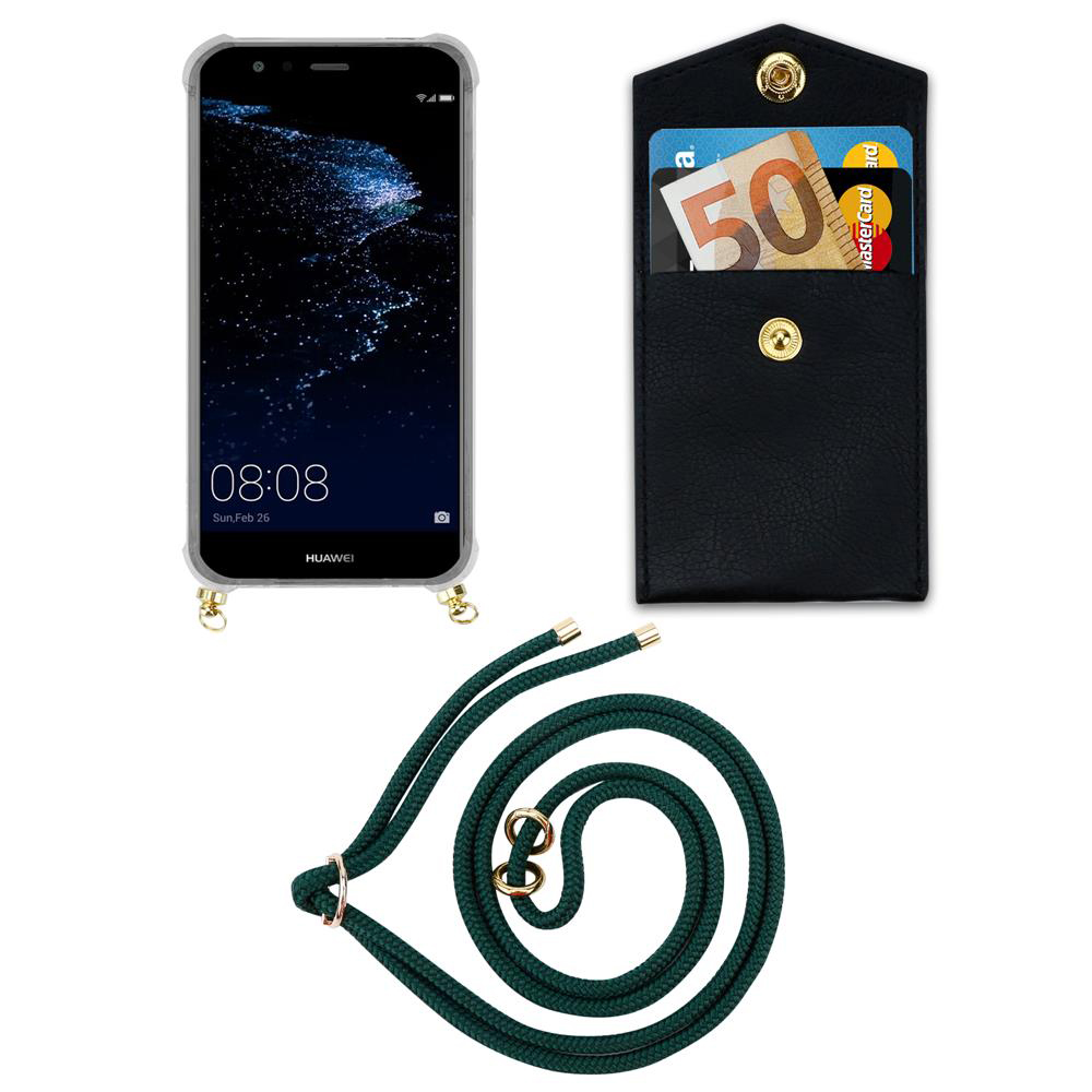 Smartphone con custodia, portafoglio nero con soldi e carte, corda verde.