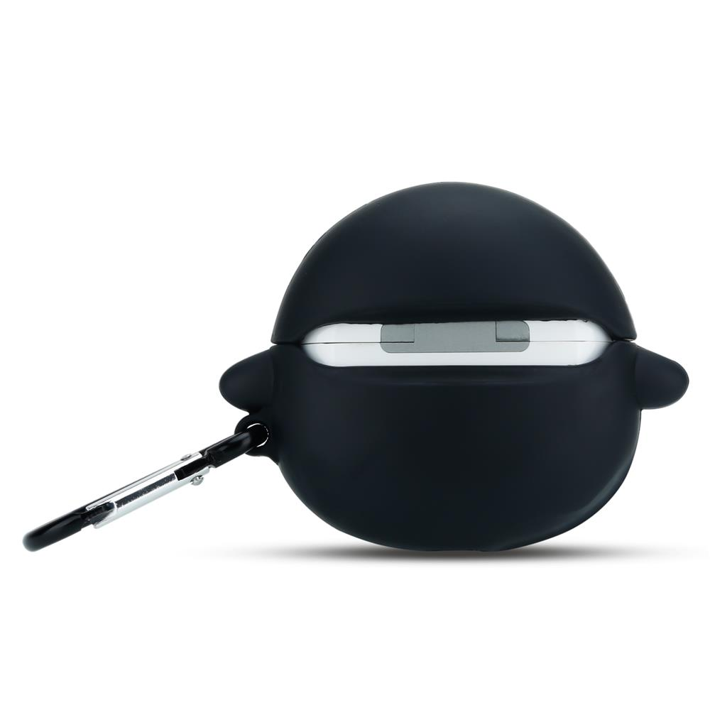 Schwarzes AirPods-Etui mit Karabiner, das wie eine Figur aussieht.