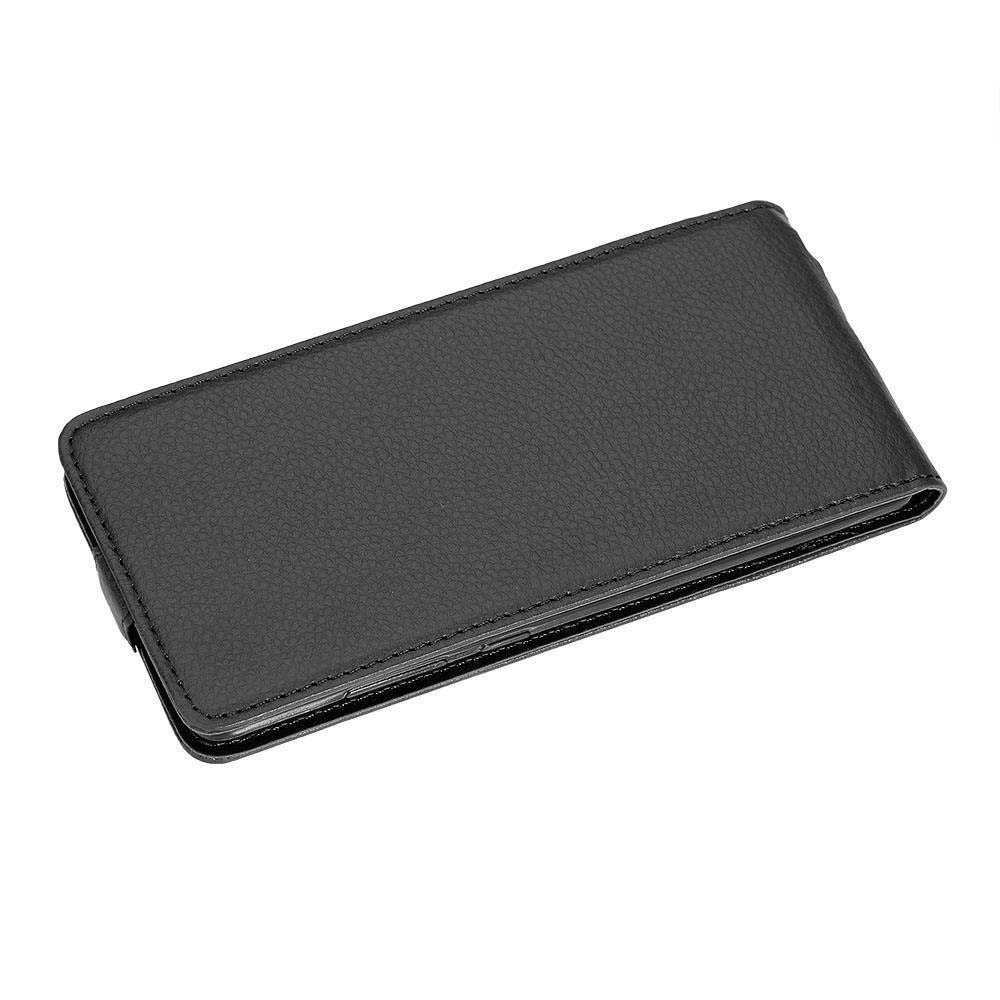 Custodia a libro in pelle nera per smartphone, su sfondo bianco.