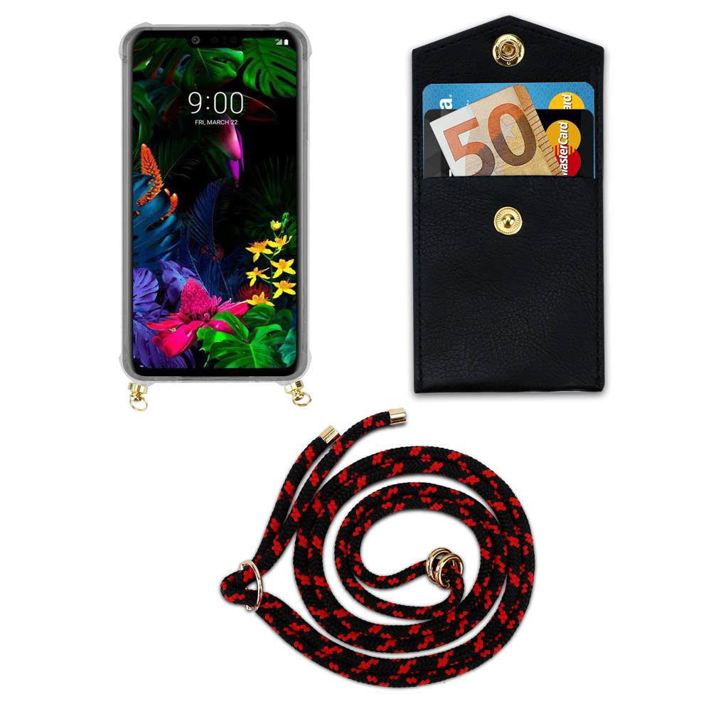Smartphone mit buntem Hintergrund, schwarze Geldbörse mit Geld und Karten, Lanyard.
