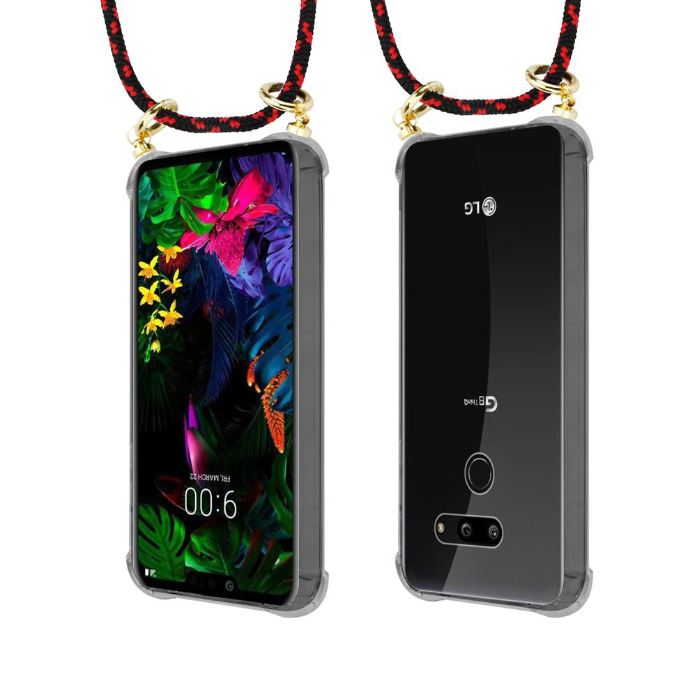 Zwei LG-Smartphones mit Lanyards, eins zeigt den Bildschirm, das andere die Rückseite.