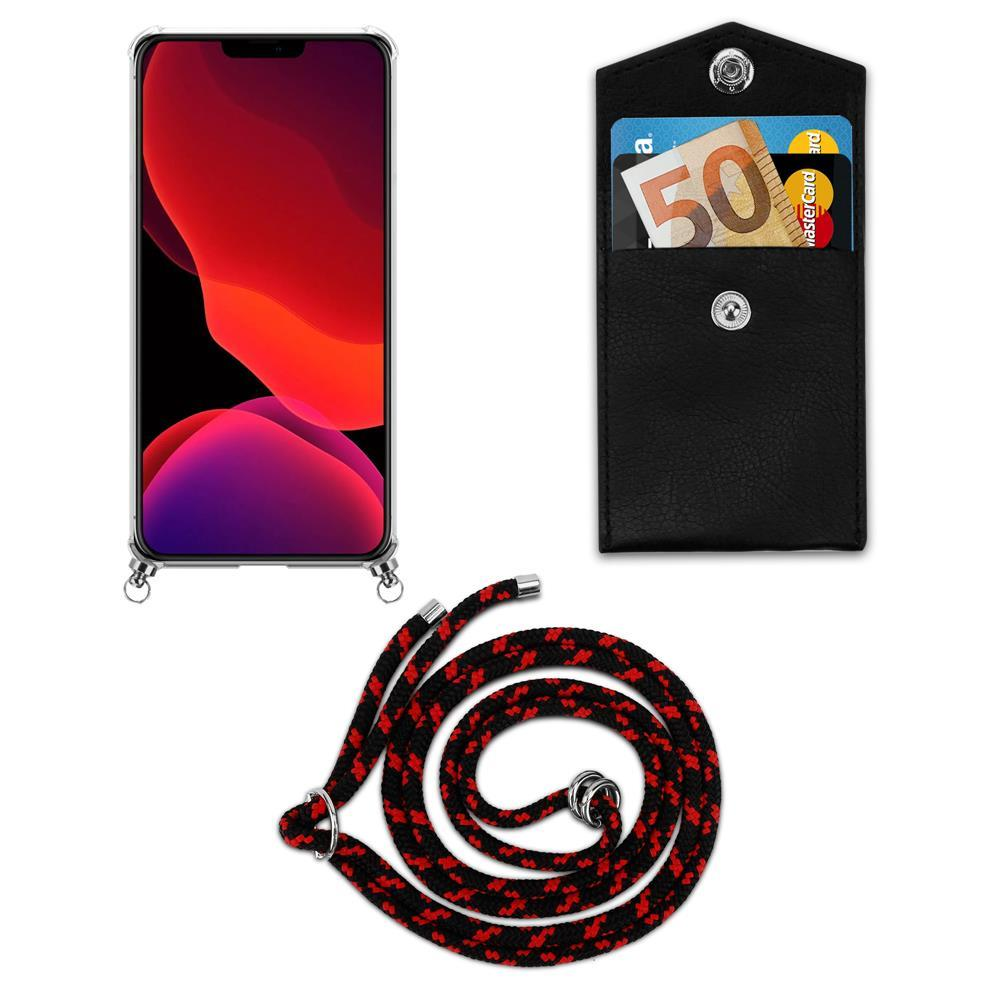 Uno smartphone in custodia, una tasca nera con carte e 50€, e una corda nera.