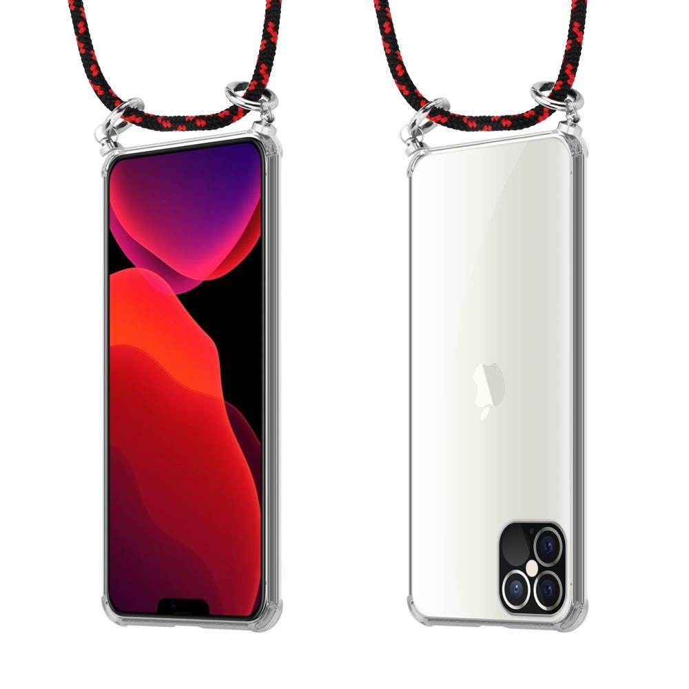 Custodia trasparente per telefono con laccetto rosso e nero. Viste frontale e posteriore.