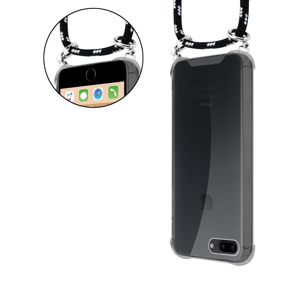 Una custodia trasparente per iPhone con cordino bianco e nero.