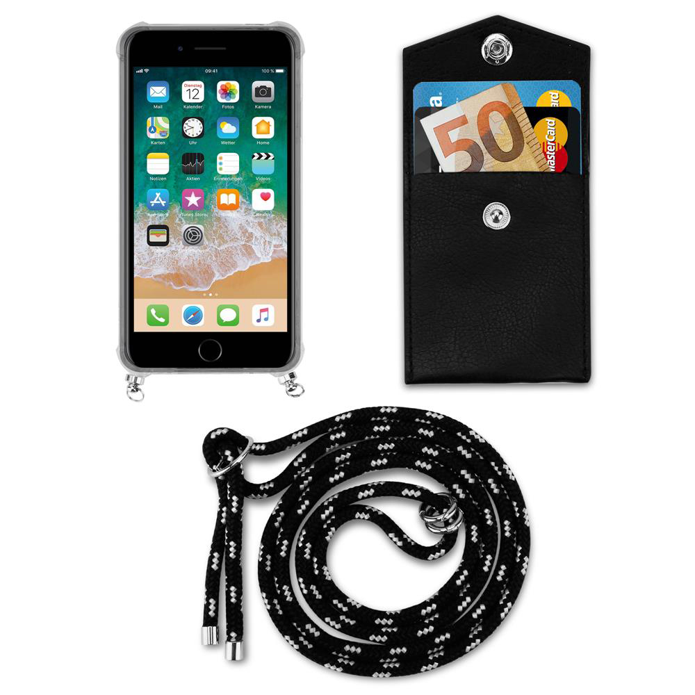 Uno smartphone con custodia, portafoglio con soldi e carta, e un cordino.