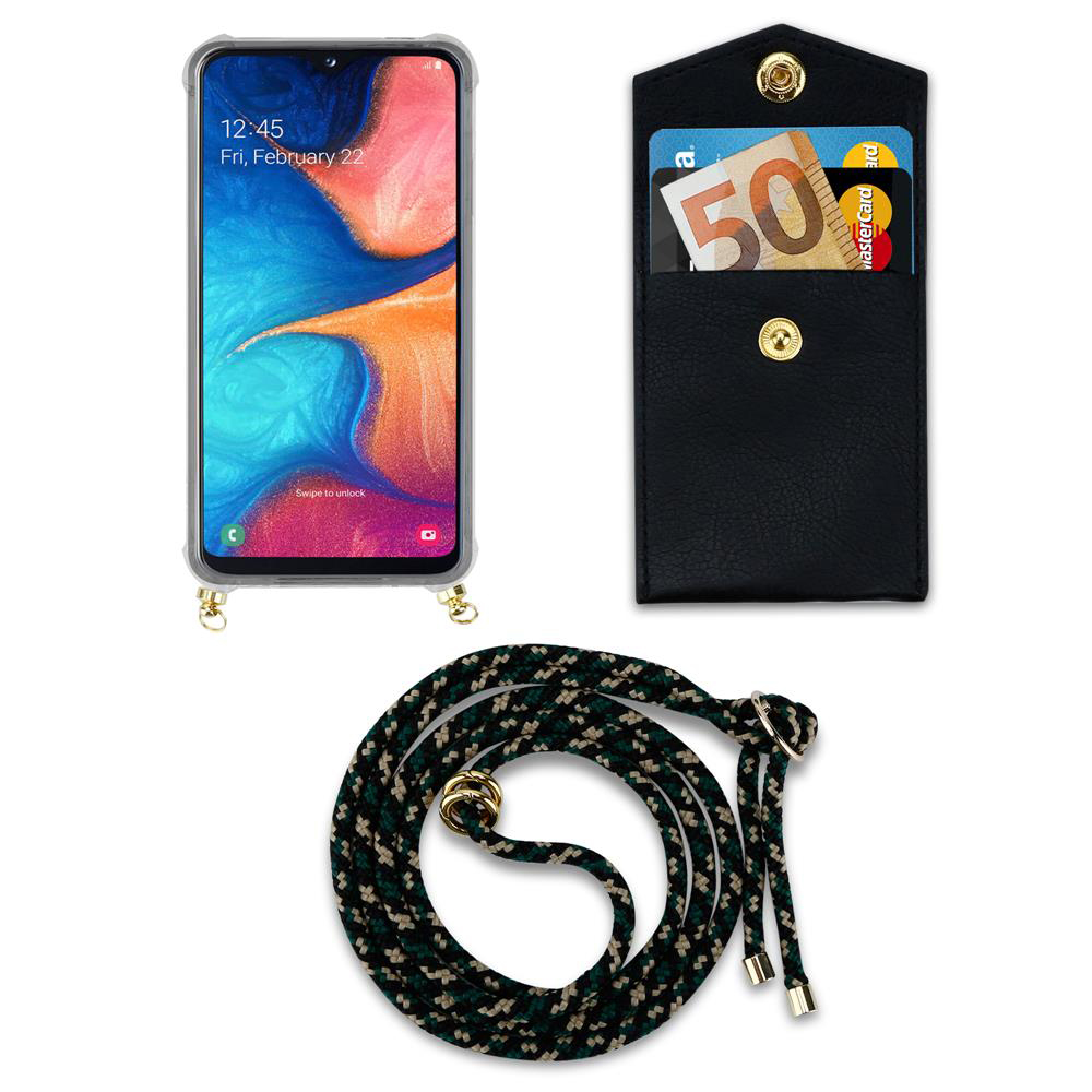 Smartphone con custodia, porta carte con soldi e carta, corda.