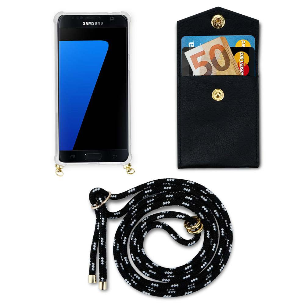 Un telefono Samsung in custodia, portafoglio con soldi e carte, e un cordino.