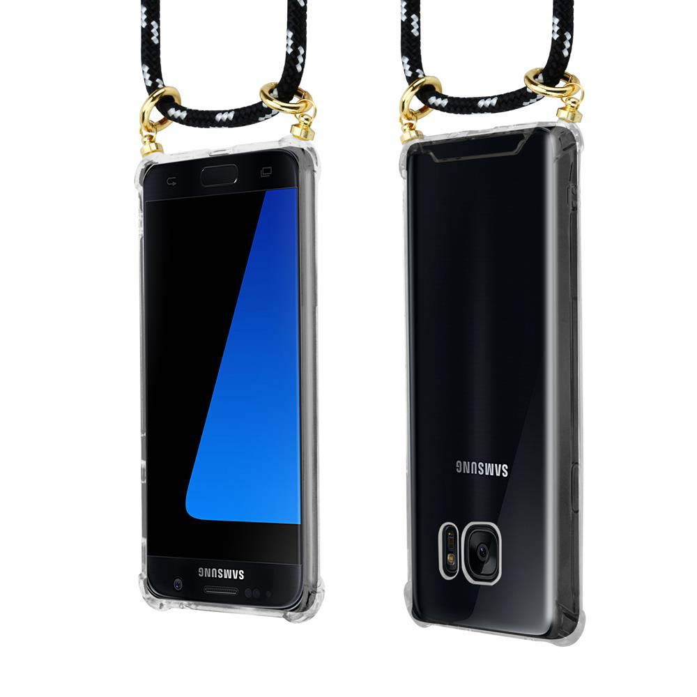 Due smartphone Samsung in custodie trasparenti con laccetto nero.