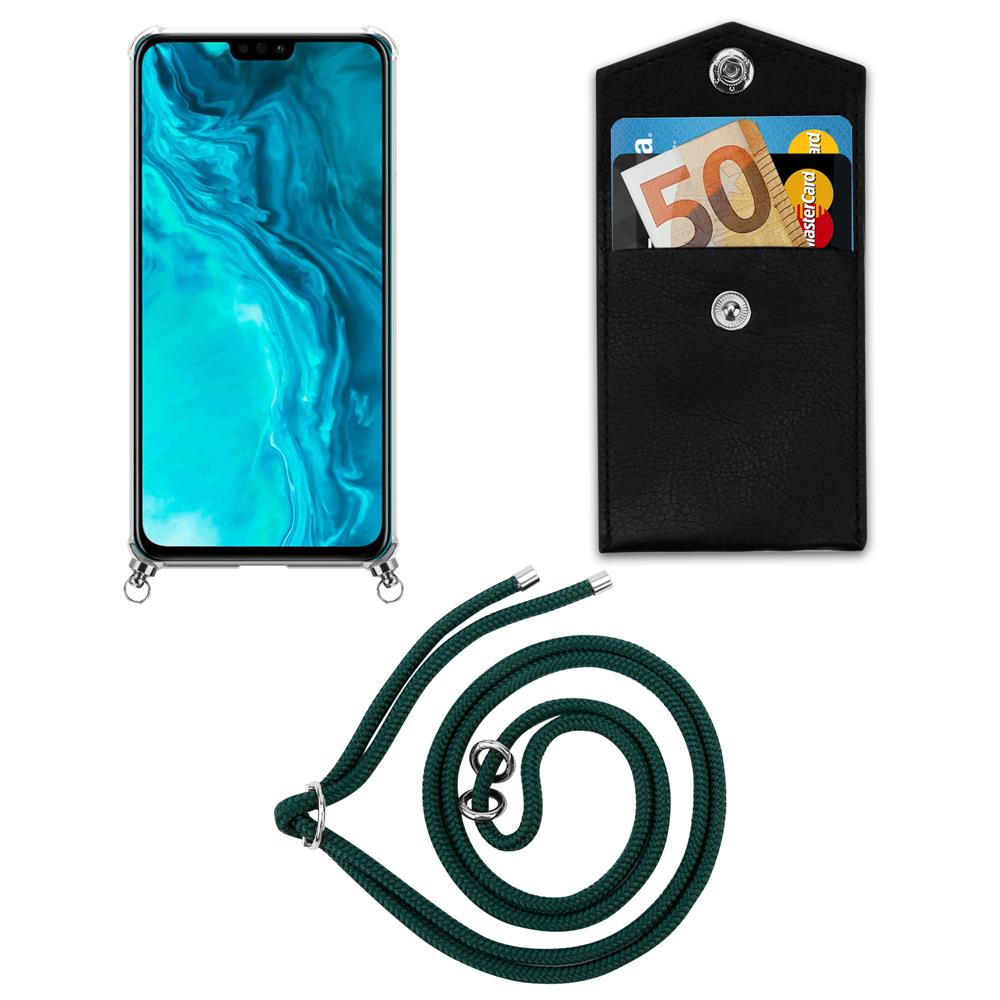 Uno smartphone in custodia, una tasca nera con soldi e carta, e un cordino verde.