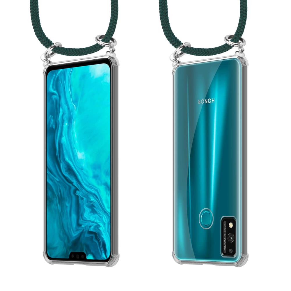 Uno smartphone in custodia con laccetto, viste frontale e posteriore.