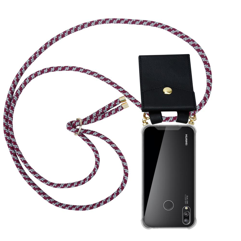 Una custodia nera per telefono con laccetto e piccola tasca, attaccata a un telefono Huawei.