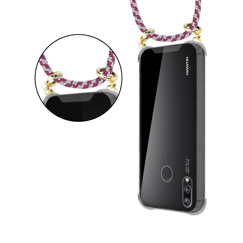 Un telefono Huawei nero con un cordino intrecciato attaccato alla custodia.