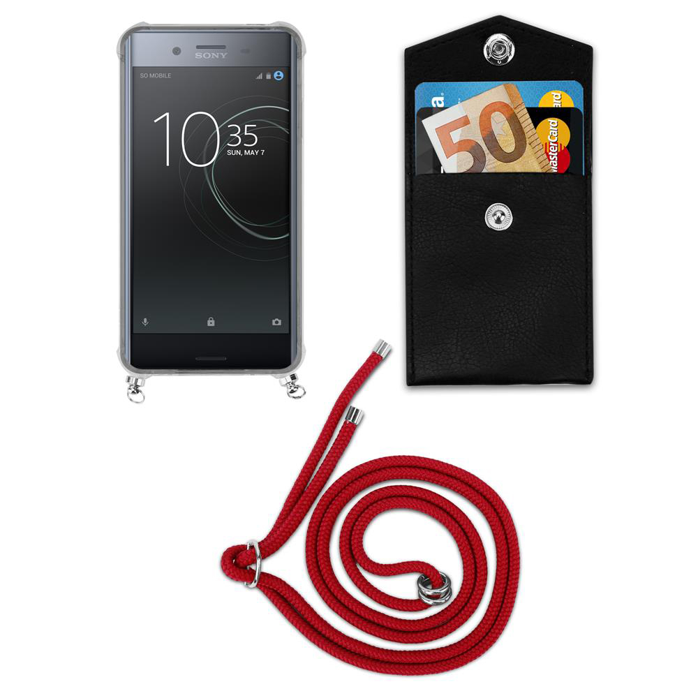 Smartphone Sony con banconota da 50 euro, carta di credito e cordino rosso.