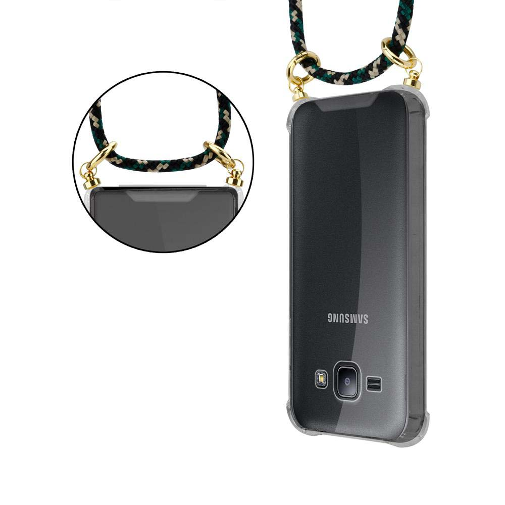 Un telefono Samsung nero in custodia trasparente con cordino intrecciato.