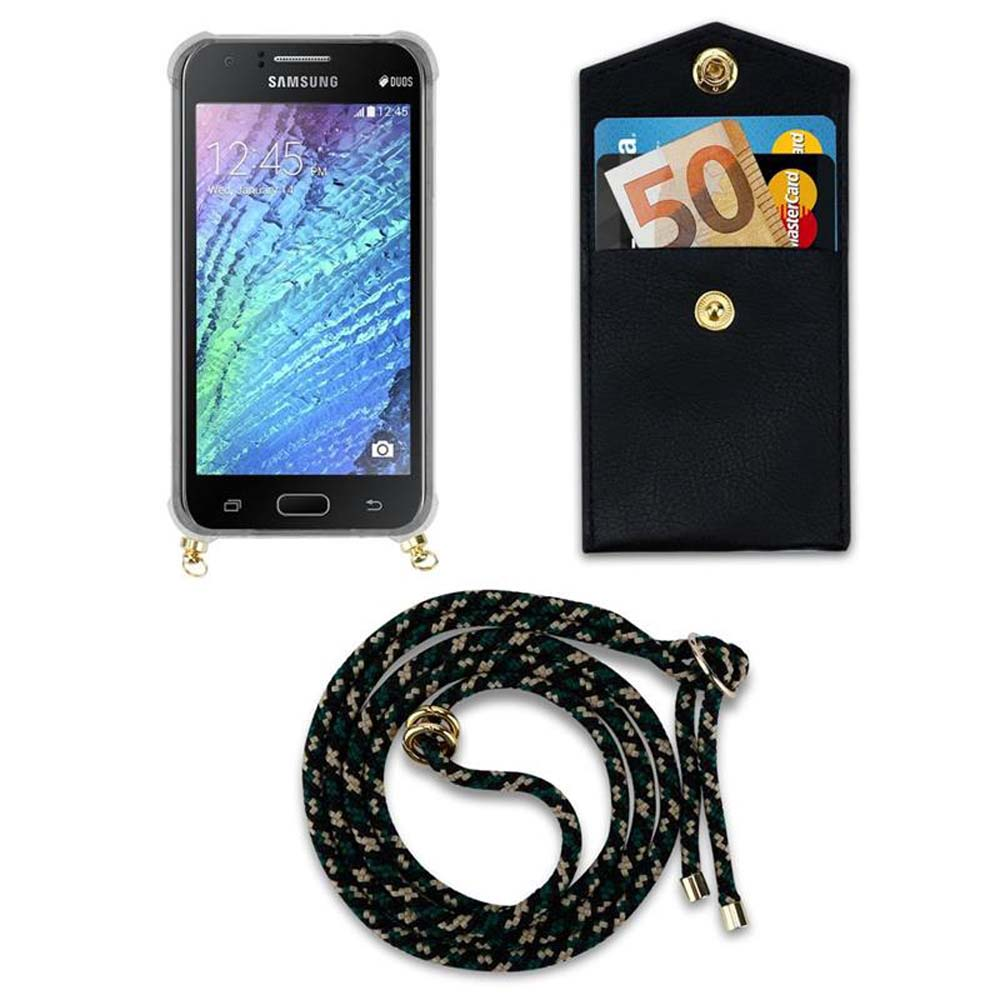 Uno smartphone in custodia trasparente, portafoglio nero con carte e contanti, e cordino.