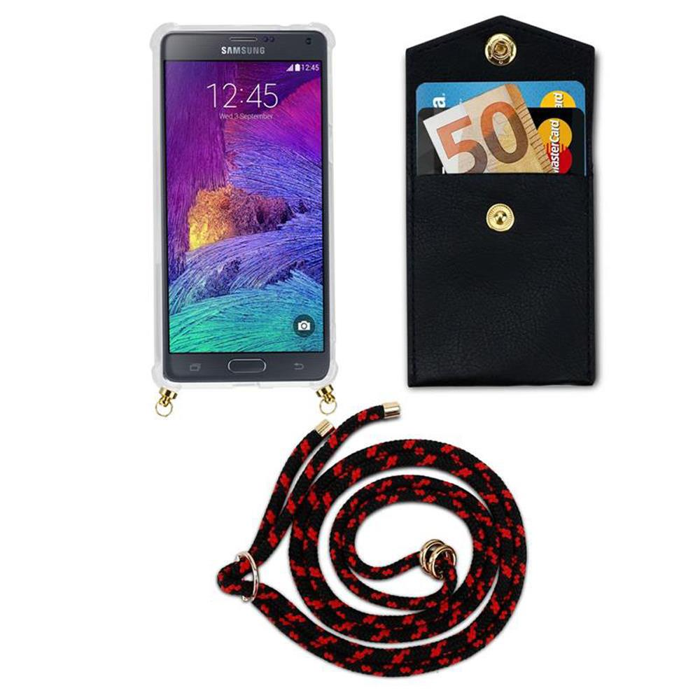 Smartphone in custodia trasparente, portafoglio nero con soldi/carte, corda