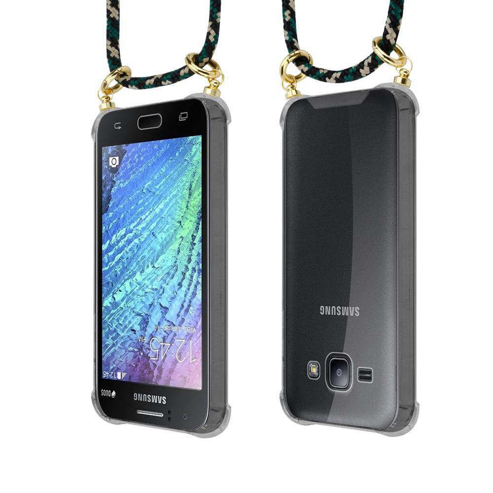 Uno smartphone in custodia trasparente con sfondo colorato, indossato con un laccetto.
