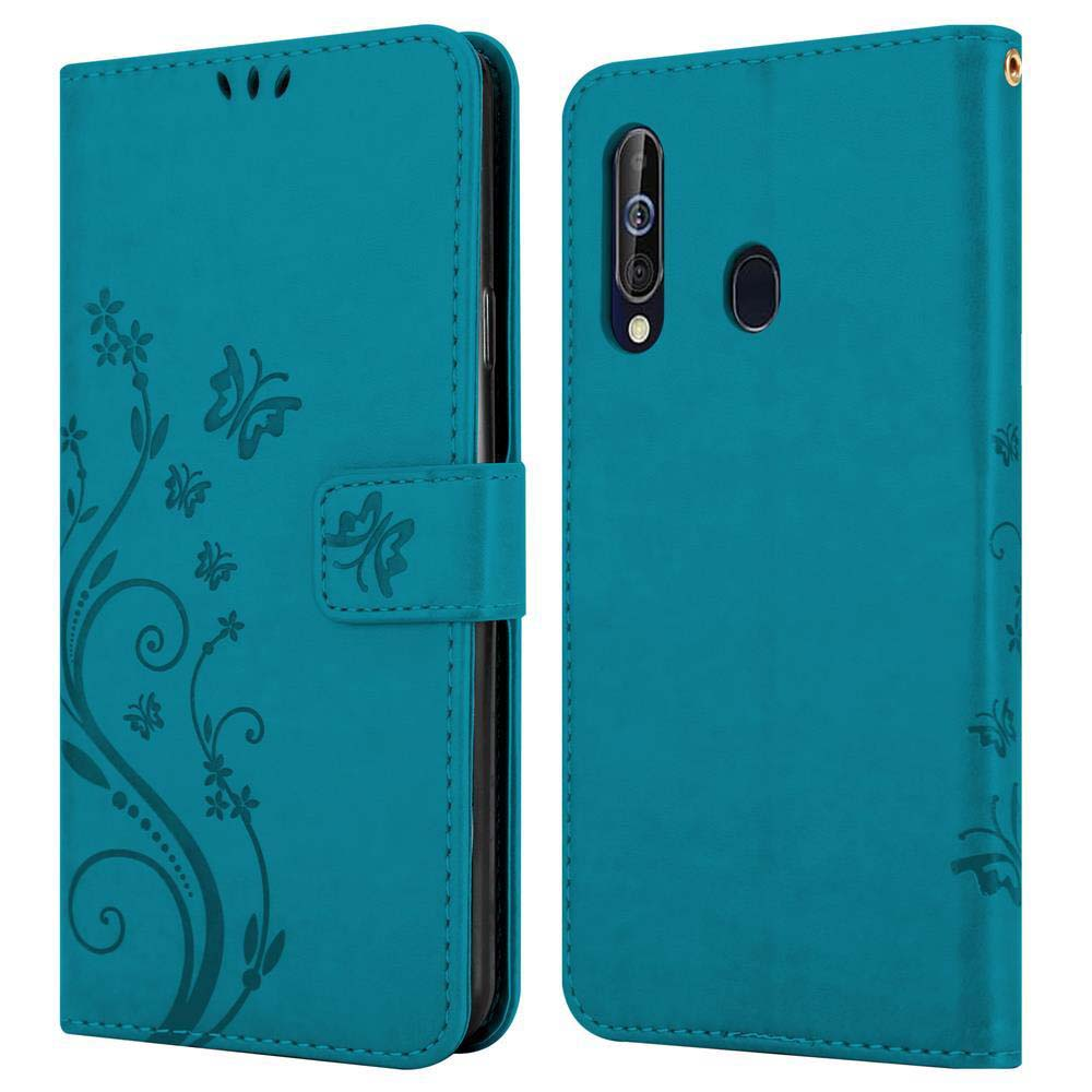Una custodia a libro per telefono color ottanio con design floreale, mostrata aperta.