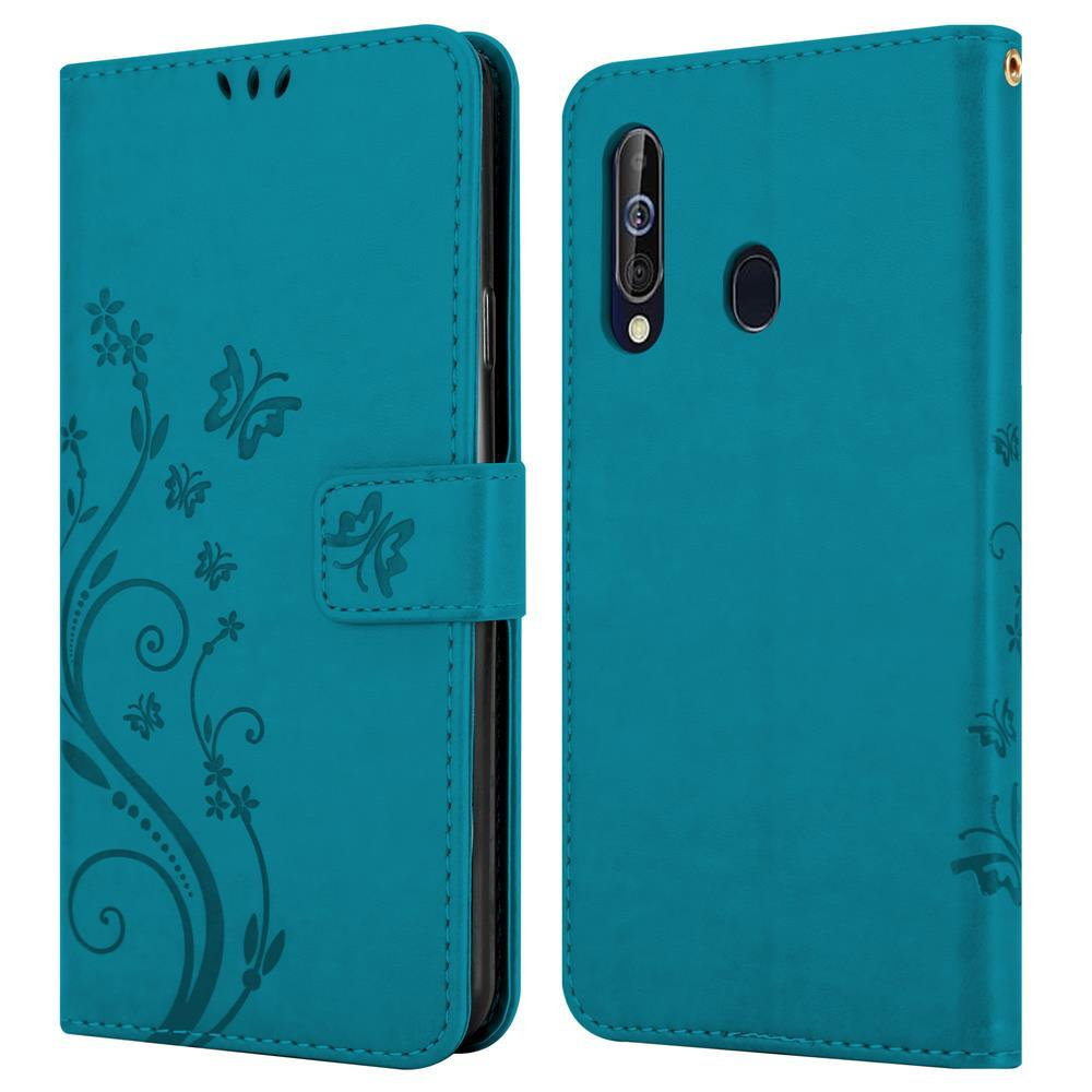 Custodia a libro turchese per telefono con design floreale e farfalla.