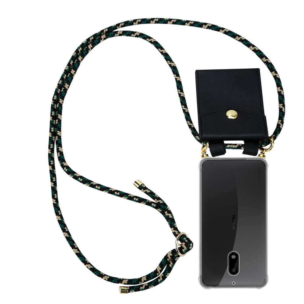 Schwarze Handyhülle mit Kordel und Tasche, befestigt an einem transparenten Smartphone.