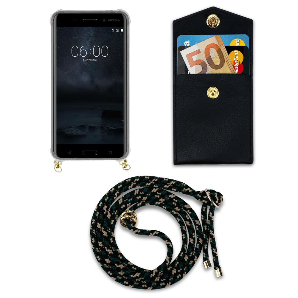 Ein Smartphone mit Hülle, eine schwarze Tasche mit Geldscheinen und Karten, und eine Kordel.