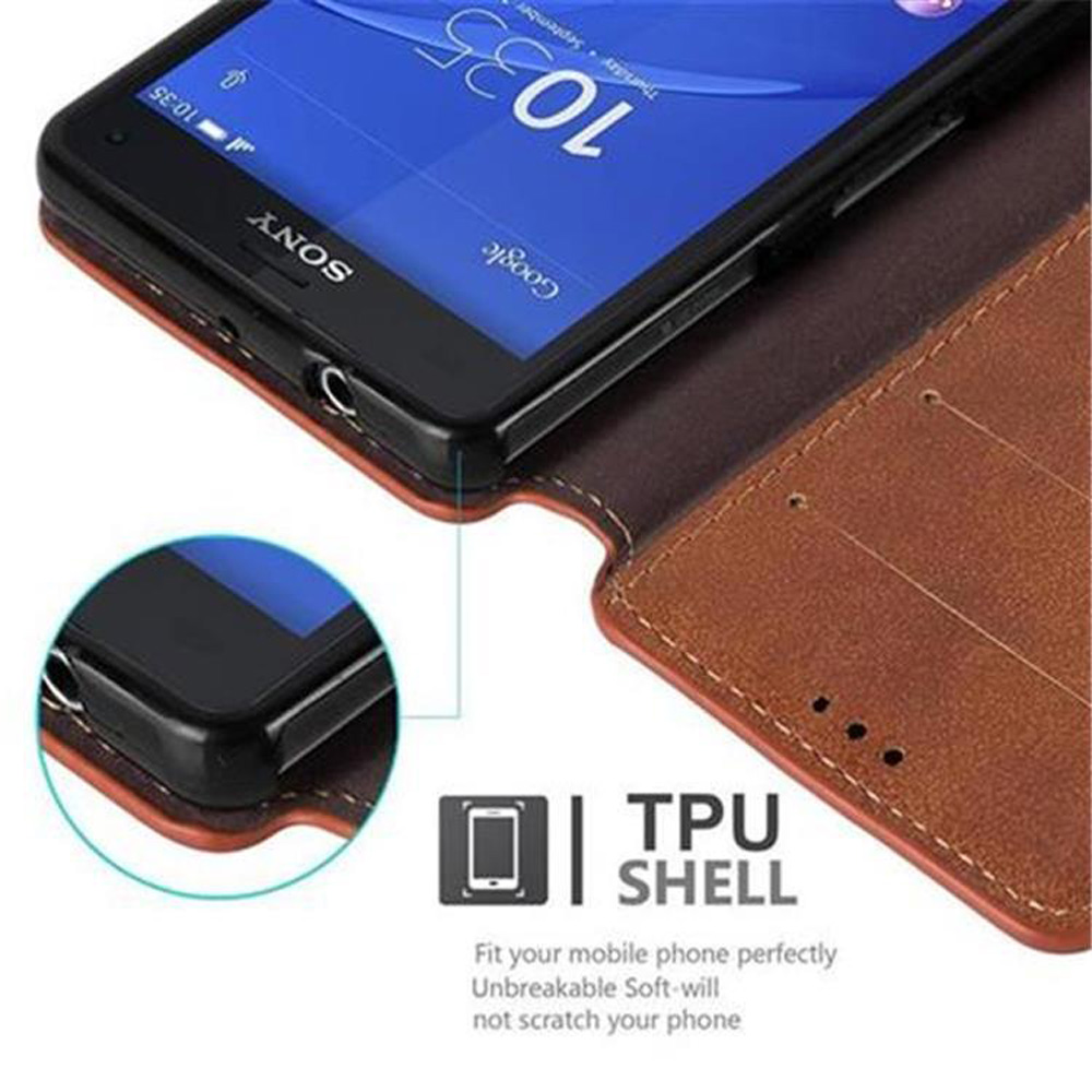 Funda de cuero marrón con un smartphone Sony que muestra las 10:35 en pantalla.