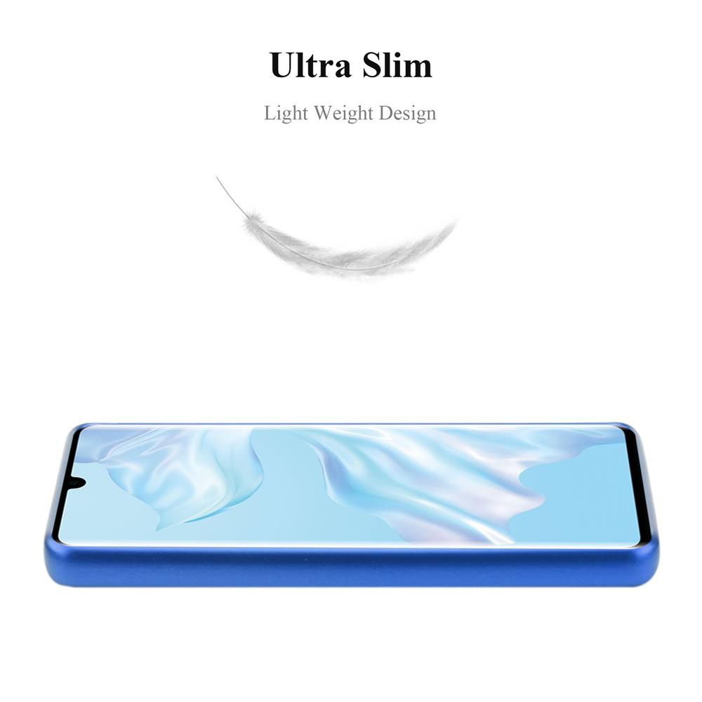 Uno smartphone blu con icona di piuma e testo