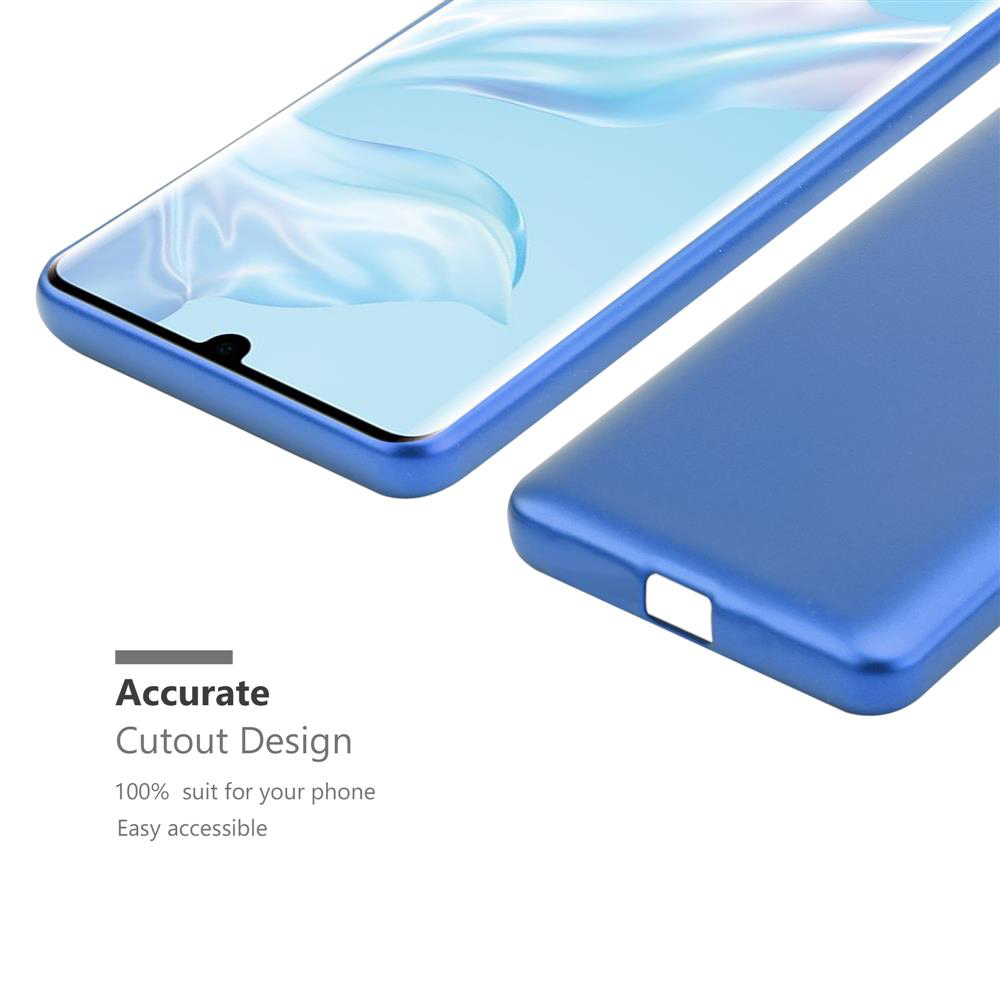 Viene mostrato un telefono blu con custodia. Testo: Design preciso con ritaglio.