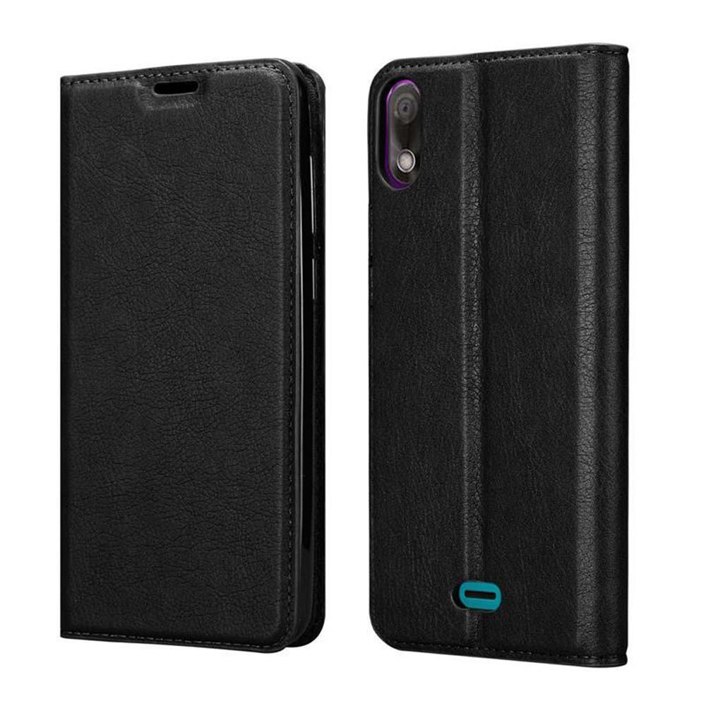 Custodia a libro in pelle nera per smartphone con ritaglio fotocamera.