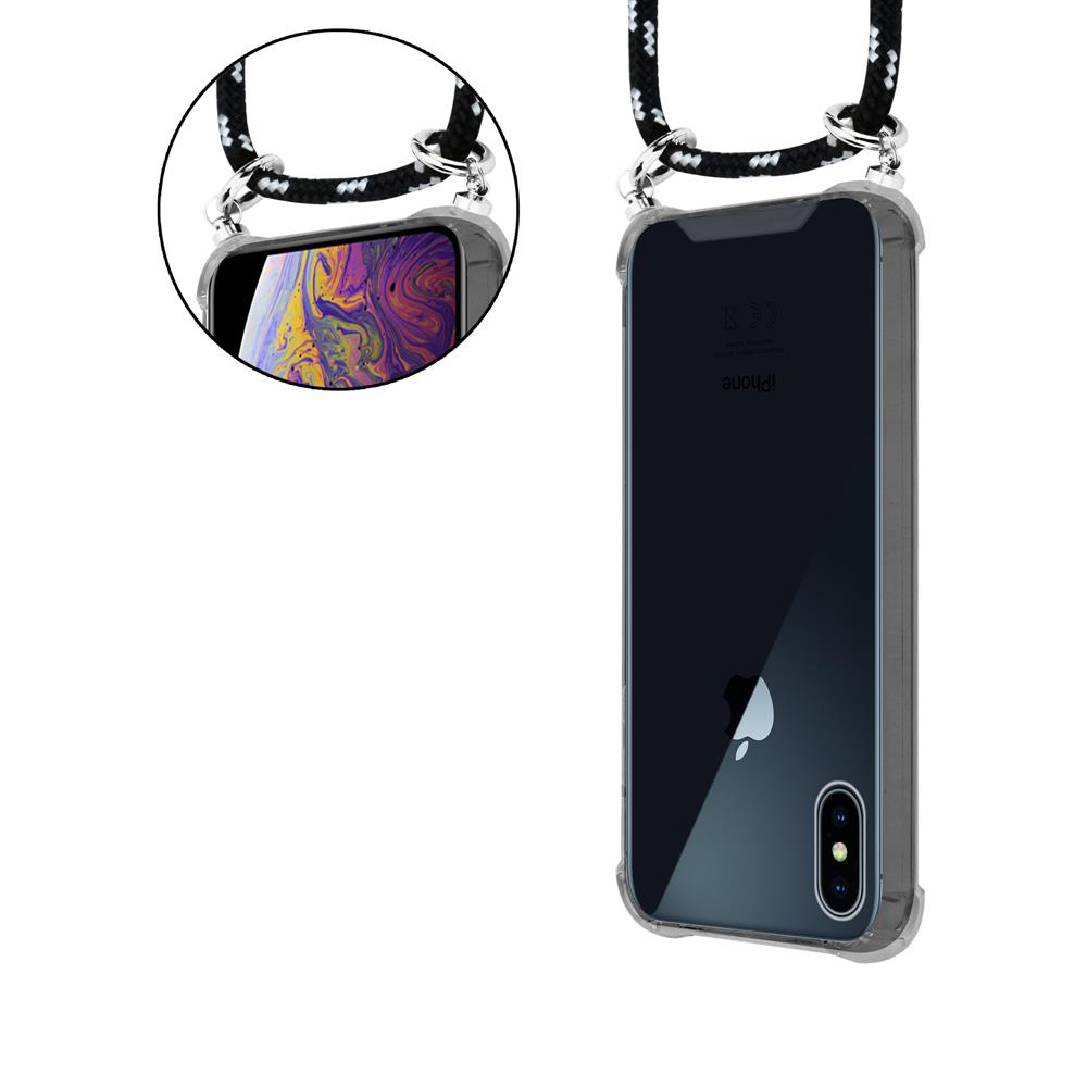 Eine transparente Handyhülle mit einem schwarz-weißen Band ist an einem iPhone befestigt.