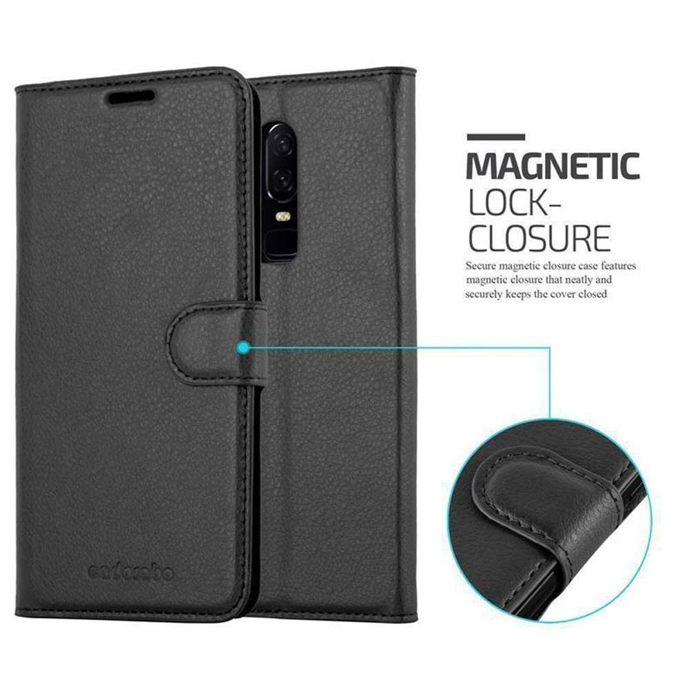 Custodia nera per telefono con chiusura magnetica e apertura fotocamera.