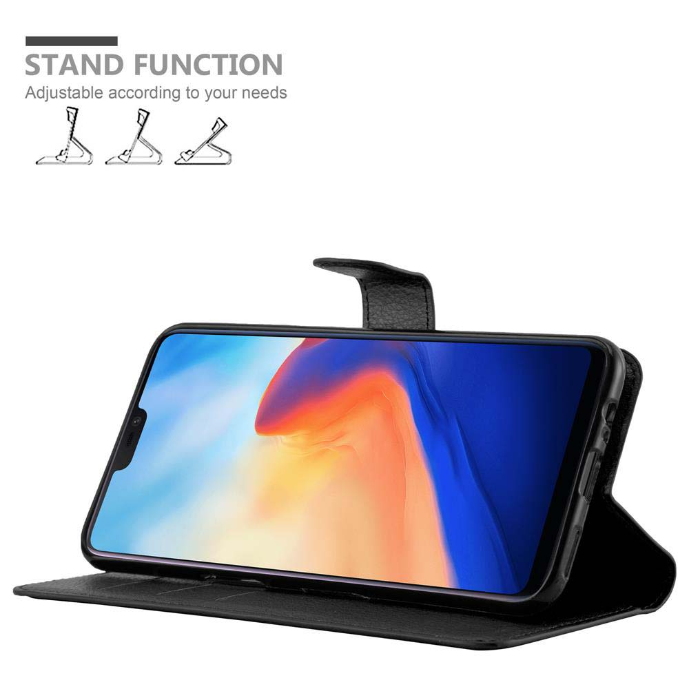 Custodia nera per telefono con funzione stand, che mostra angoli regolabili.