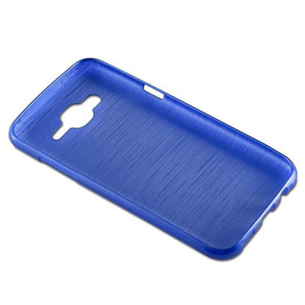 Blaue Handyhülle mit gebürsteter Textur und Aussparungen.