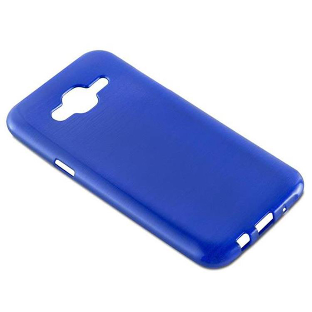 Eine blaue Handyhülle mit Ausschnitten für Kamera und Anschlüsse.