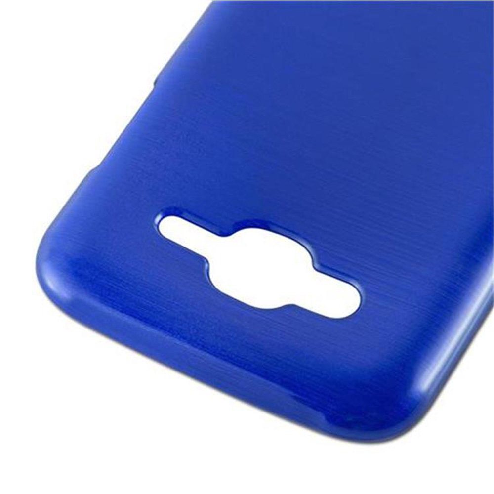 Blaue Handyhülle mit Aussparungen für Kamera und Blitz.