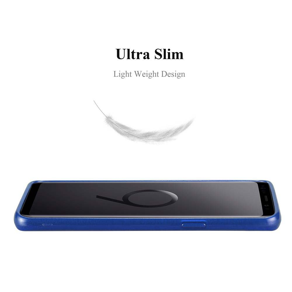 Una cover blu per telefono con testo "Ultra Slim" e una piuma.