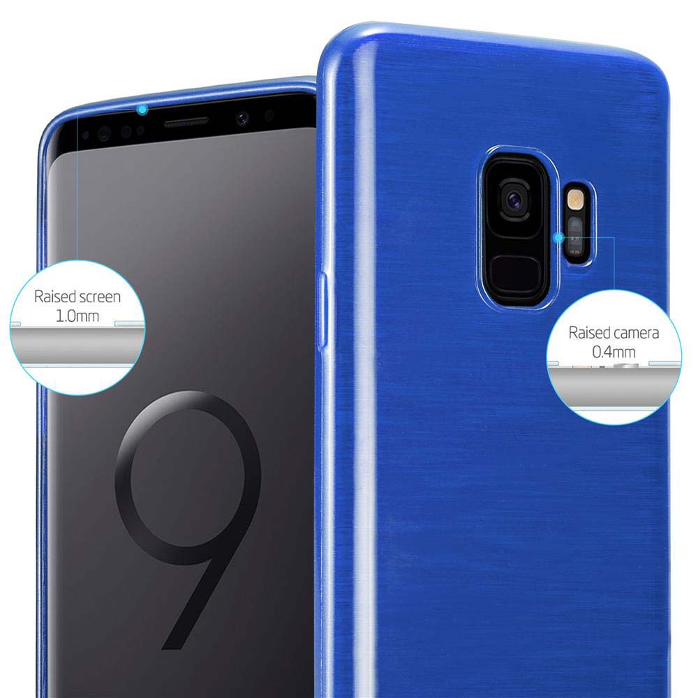 Custodia blu per telefono con rialzo fotocamera e bordo schermo.