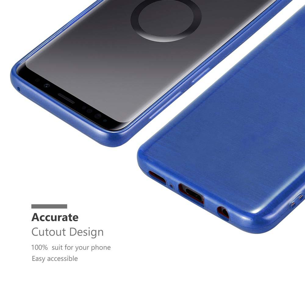Custodia blu per telefono con ritagli precisi. Mostra parte dello smartphone.