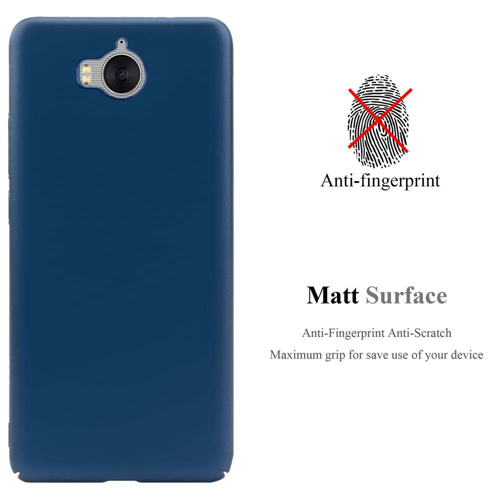 Custodia blu scuro per telefono con logo anti-impronta e superficie opaca.