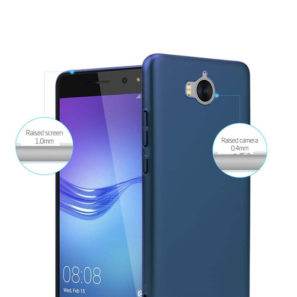 Custodia blu scuro per telefono con schermo e fotocamera rialzati.