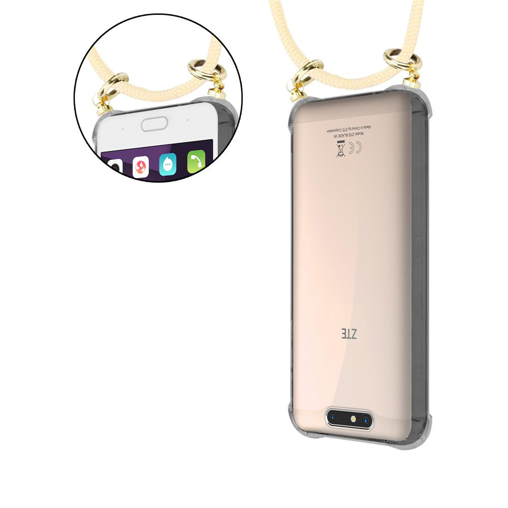 Ein Smartphone mit einem transparenten Gehäuse und einem Band, das über die Schulter gehängt wird.