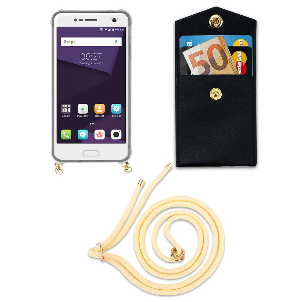 Ein Smartphone, eine schwarze Brieftasche mit Geld und Karten und eine Schnur.