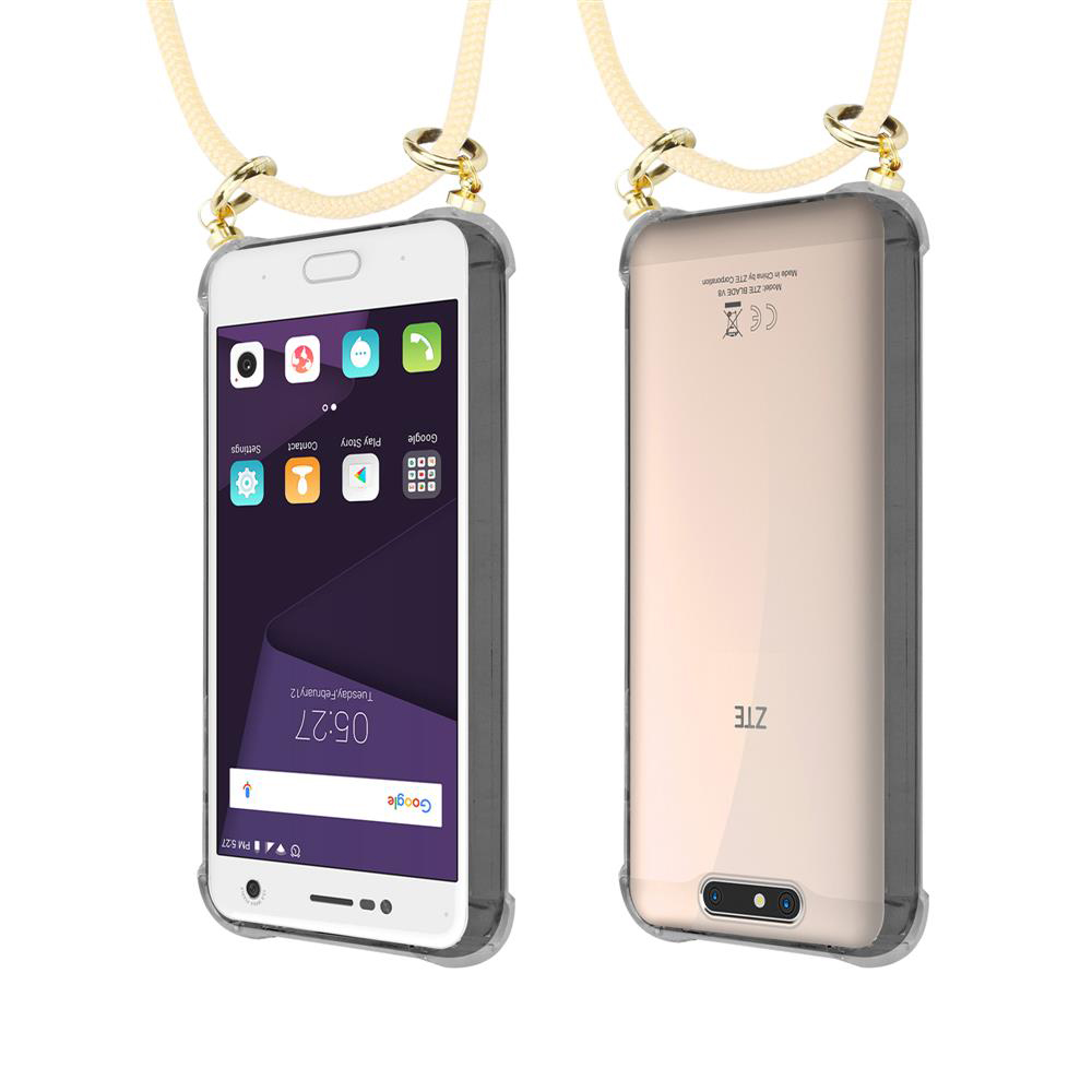 Zwei Smartphones in Hüllen mit Lanyards. Eines zeigt Apps, das andere die Rückseite.