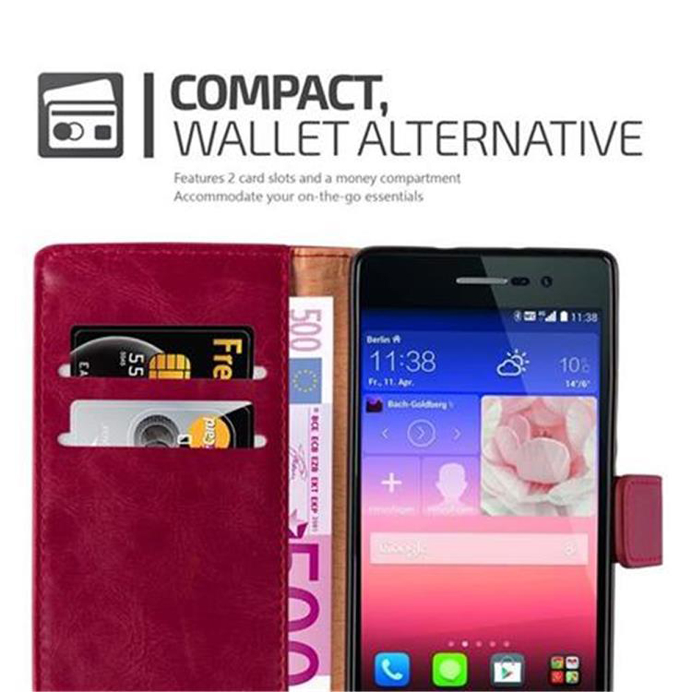 Portafoglio rosso con smartphone, carte e banconota da 500 euro.