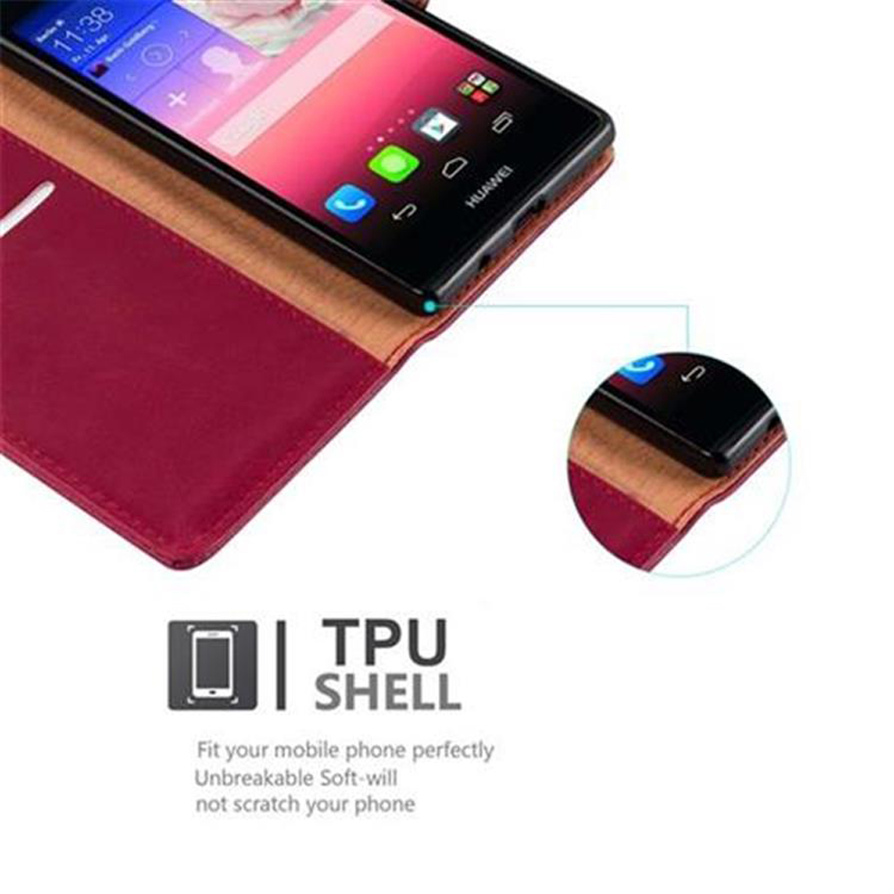 Una custodia rossa per telefono con uno smartphone all'interno. Primo piano dello schermo.