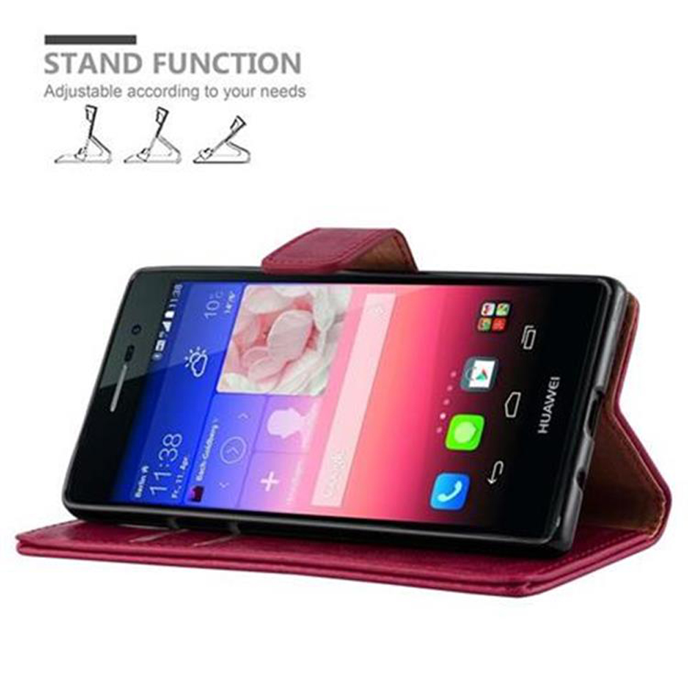 Smartphone Huawei rosso in custodia con funzione stand.